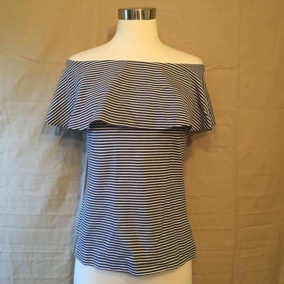 Ann Taylor Navy Blue Striped Off Shoulder Top XS - Picture 4 of 8